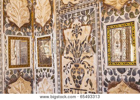 Details Of Walls In Rich Decorated Amber Fort In Jaipur, India