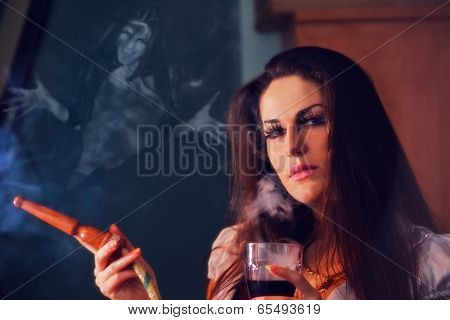 beautiful girl in smoke with hookah