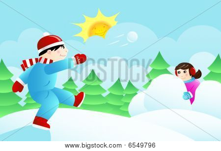 Kinder spielen Schneebälle