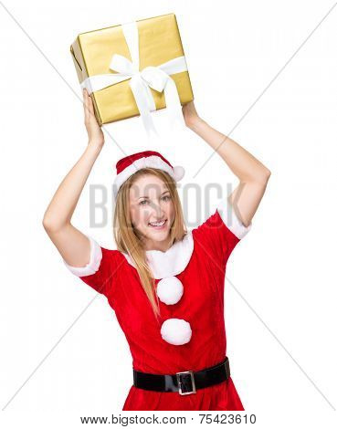 Xmas woman rasie up gift box