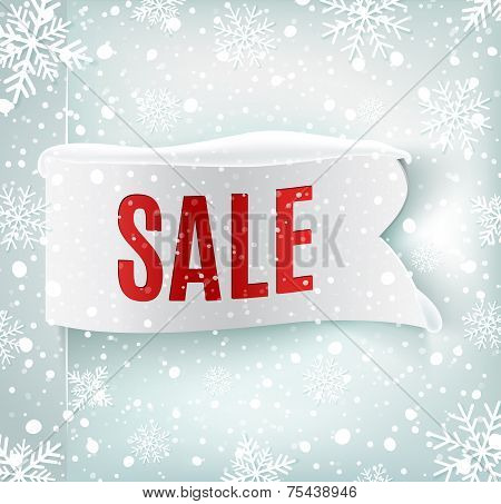 Winter sale background with white realistic ribbon banner and snow