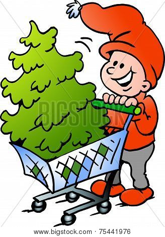 Hand-drawn Vector Illustration Of An Happy Christmas Elf  Shopping A Christmas Tree