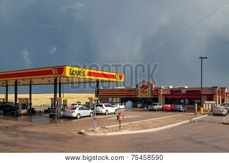 Typical Americal Petrol Station Near The Denver Before Heavy Storm.