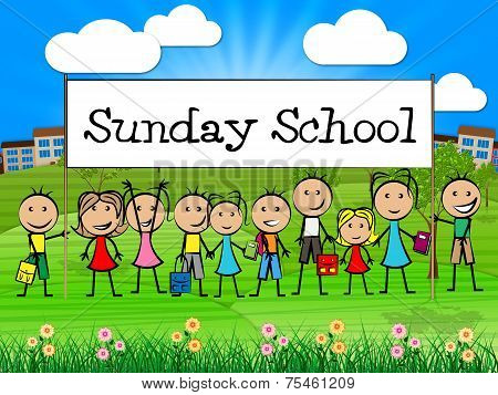 Sunday School Banner Represents Prayer Praying And Youngsters