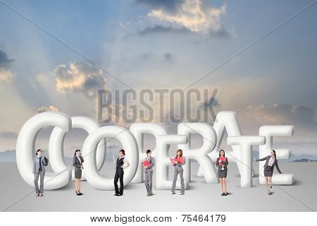 Concept of partner, friends,collaborate with group of business people stand with 3d text. 