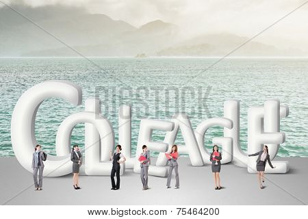 Concept of partner, friends,collaborate with group of business people stand with 3d text. 