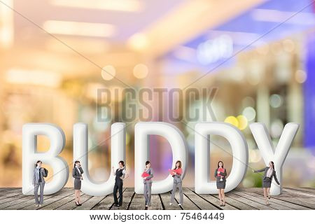 Concept of partner, friends,collaborate with group of business people stand with 3d text. 