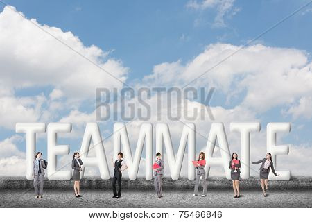 Concept of partner, friends,collaborate with group of business people stand with 3d text. 