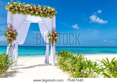 wedding arch and set up on beach, tropical outdoor wedding cabana on beach