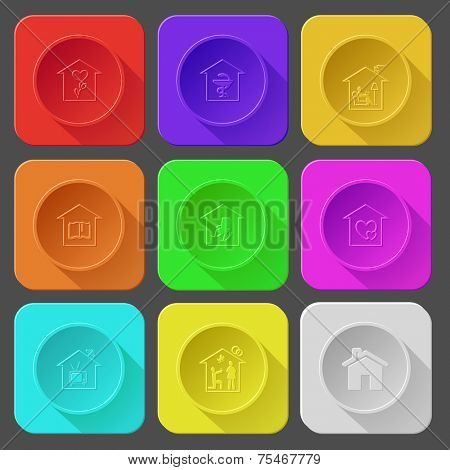 flower shop, pharmacy, home reading, library, home comfort, orphanage, home tv, home affiance. Color set vector icons.