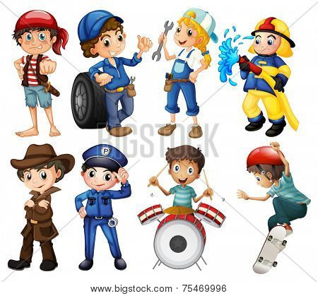 Kids doing vaious activities on white