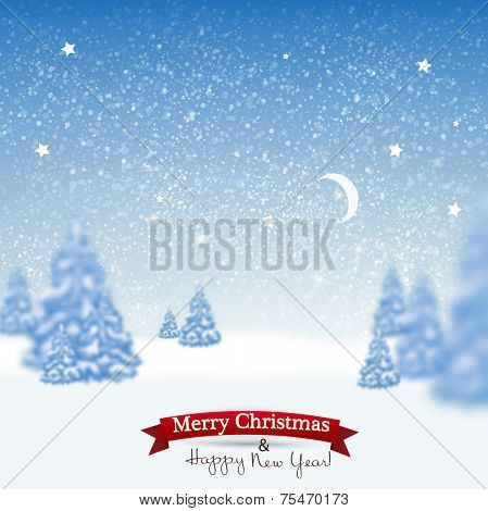 Beautiful Christmas background with blurred Christmas trees. White winter landscape. Starry sky. Vector Illustration