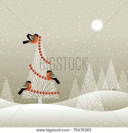 Christmas tree in winter forest. Vector