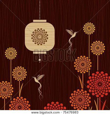 Card with birds, flowers and lantern. Vector