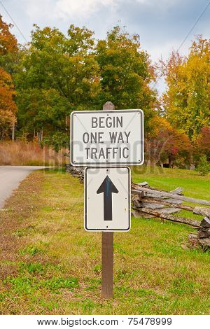Begin One Way Traffic  Sign In A Park