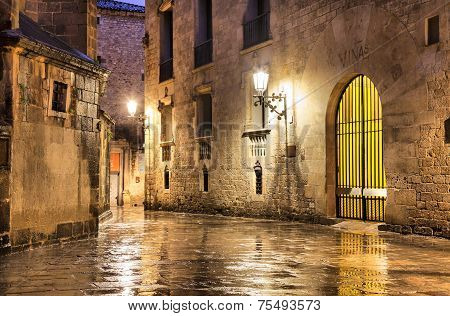 Gothic Quarter Of Barcelona In Wet Weather Conditions