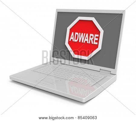 Adware warning sign on laptop screen. Computer generated 3D photo rendering.