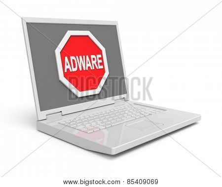 Adware warning sign on laptop screen. Computer generated 3D photo rendering.