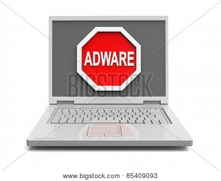 Adware warning sign on laptop screen. Computer generated 3D photo rendering.