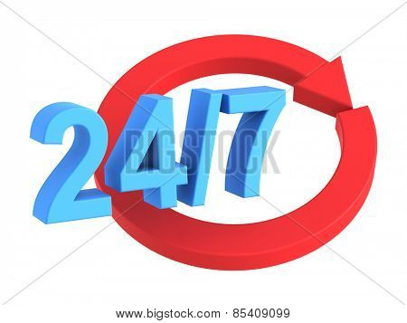 24 hours a day and 7 days a week sign isolated over white. Computer generated 3D photo rendering.