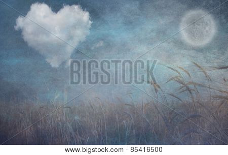 Heart cloud and moon over field grunge textured