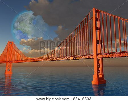 Golden Gate Bridge with terraformed luna above