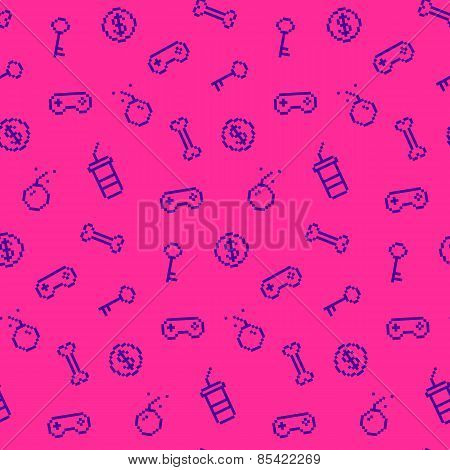 Seamless Oldschool Gaming Inspired Pattern, Game Icons, Achievements, 90S Background