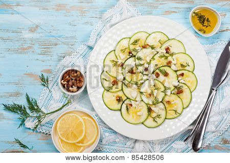 Zucchini Carpaccio with feta,walnut and dill