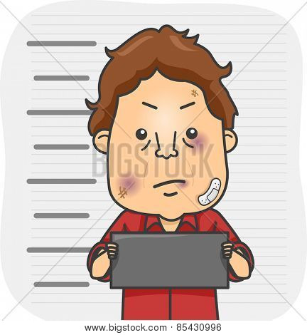 Illustration of a Beaten Up Man Holding a Placard and Having His Mug Shot Taken 
