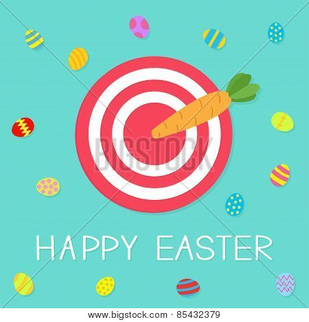 Target With Carrot Arrow And Colored Eggs. Happy Easter Card Flat Design Background