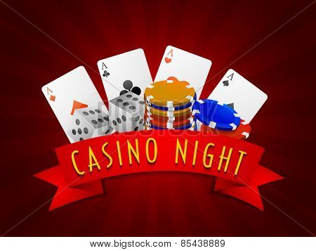 Ace playing cards with stack of colorful Casino chips and dices on rays background.