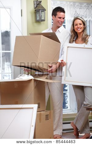 Young loving couple at new home. Relationship.