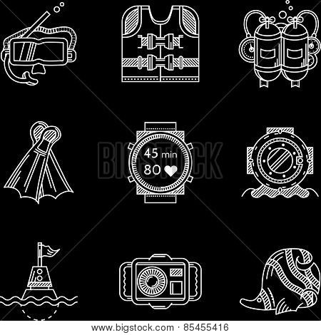 White line vector icons for diving