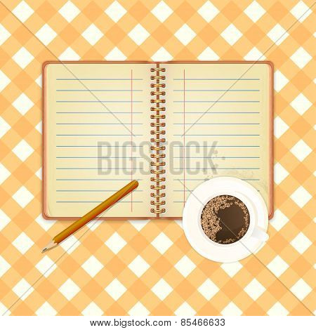 Opened Notebook And Cup Of Coffee