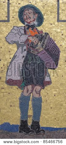 GRAZ, AUSTRIA - JANUARY 10, 2015: Mosaic on the house facade, Glockenspielplatz in Graz, Styria, Austria on January 10, 2015.