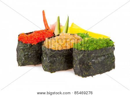 Various kinds of sushi food served on white background