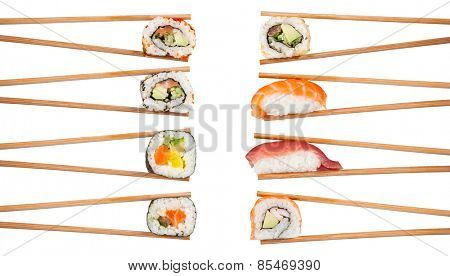 Delicious sushi, maki, nigiri pieces isolated on white background