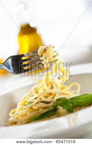 Spaghetti with Dorblu Cheese and Basil Leaf