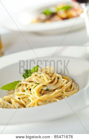 Spaghetti with Dorblu Cheese and Basil Leaf