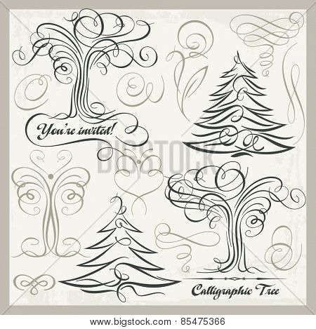 Vector set of 14 calligraphic design elements, trees, butterflies, florals, ornaments, scrolls. Vinyl-ready graphics, great for wall decals, vintage designs and wedding Invitations.