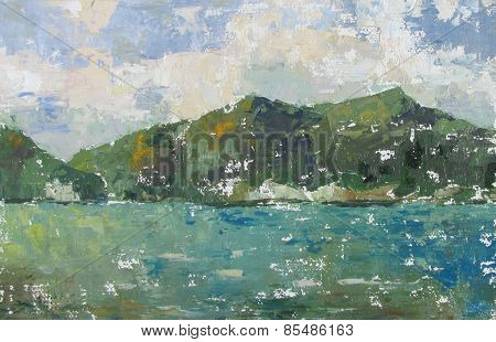 Landscape. Picture of mountains and reservoir.