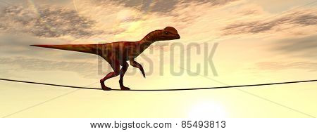 Concept or conceptual abstract business metaphor as wild heavy dinosaurus balancing on rope over sunset sky background banner