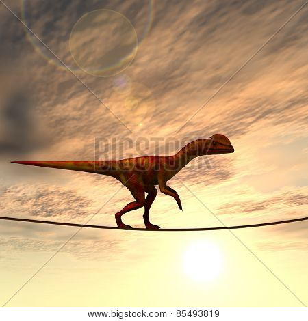 Concept or conceptual abstract business metaphor as wild heavy dinosaurus balancing on rope over sunset sky background