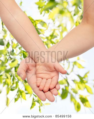 people, charity, family, children and advertisement concept - close up of woman and little child hands holding empty palms over green tree leavers background