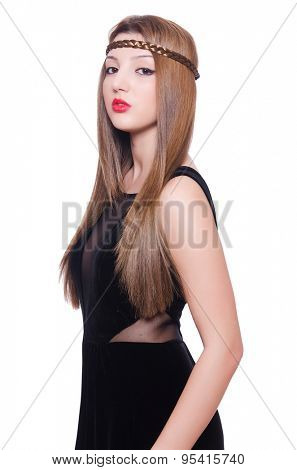 Young redhead girl in velvet dress isolated on white