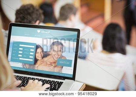 Dating website against female using laptop with students and teacher at lecture hall