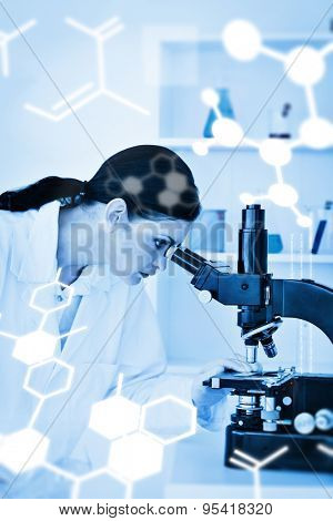 Science graphic against darkhaired female scientist looking through a microscope