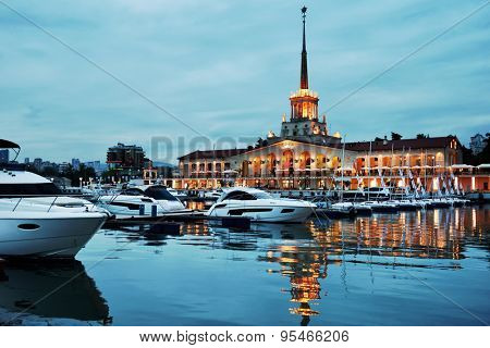 SOCHI, RUSSIA - MAY 16, 2015: Night view to the Grand Marina in the seaport. Premium class yacht marina can accept 209 boats
