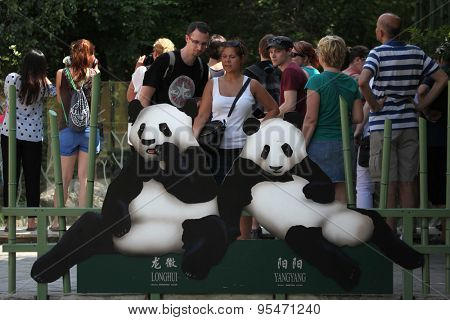 VIENNA, AUSTRIA - JUNE 7, 2015: Visitors look at the depictions of two giant pandas (Ailuropoda melanoleuca) called Long Hui and Yang Yang at Schonbrunn Zoo in Vienna, Austria. 