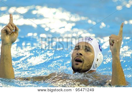 BARCELONA - AUG, 1: Marton Szivos of Hungary celebration goal against Croatia during a World Championship BCN2013 at the Picornell Swimming pool on August 1 2013 in Barcelona Spain